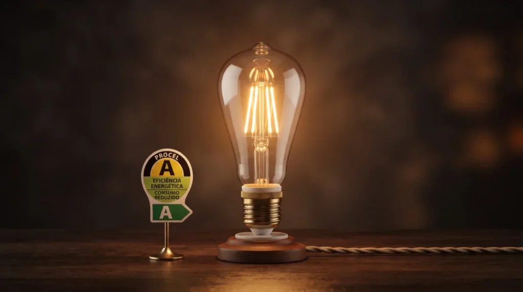 Lâmpada LED Bulbo 10W emitindo luz branco quente relaxante para garantir conforto visual e alívio no orçamento doméstico.
