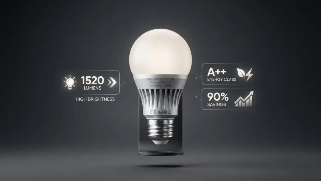 Detalhe do modelo premium de Lâmpada LED Bulbo 9W com alta eficiência luminosa e selo de economia.