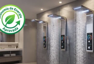 Comparativo visual dos melhores chuveiros elétricos eletrônicos instalados em banheiros modernos.