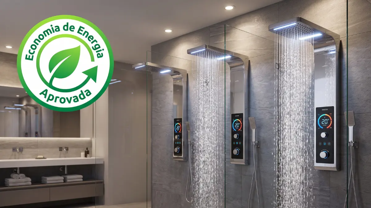 Comparativo visual dos melhores chuveiros elétricos eletrônicos instalados em banheiros modernos.