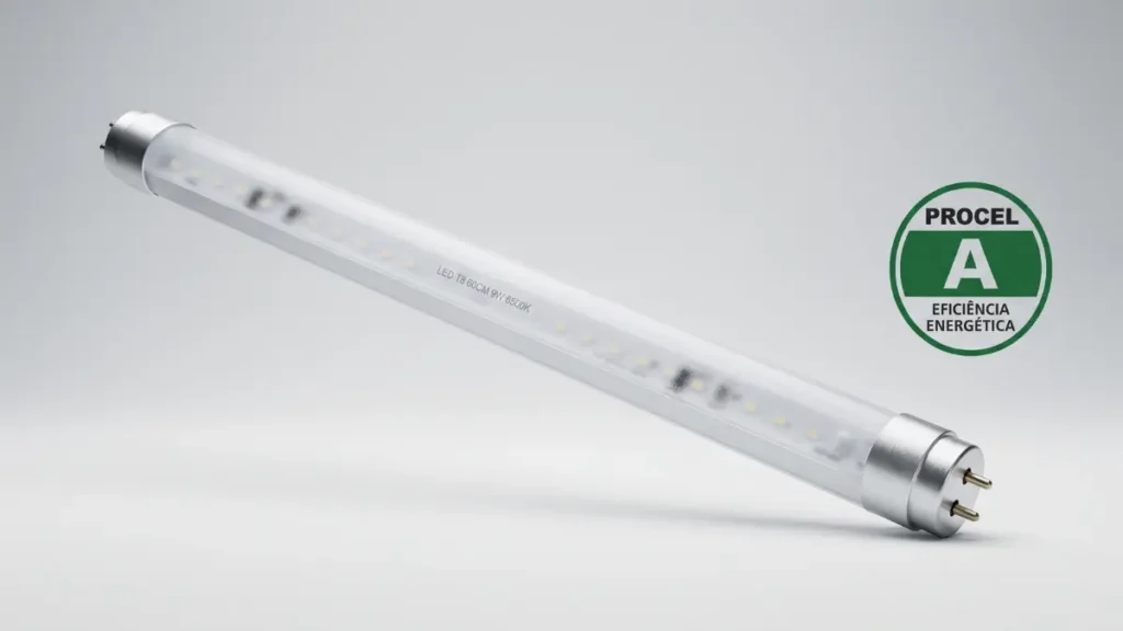 Lâmpada Tubular LED 9W sem reator, demonstrando a melhor tecnologia de iluminação para economizar energia em garagens e cozinhas.