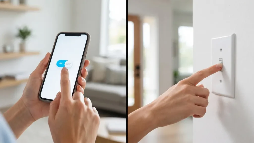 Comparação visual entre desligar uma lâmpada pelo aplicativo de celular e cortar a energia pelo interruptor de parede.