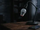 Lâmpada inteligente conectada em luminária de mesa exibindo pequena luz de standby, ao lado de um smartphone com aplicativo de automação.