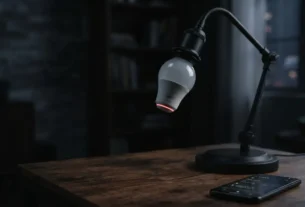 Lâmpada inteligente conectada em luminária de mesa exibindo pequena luz de standby, ao lado de um smartphone com aplicativo de automação.