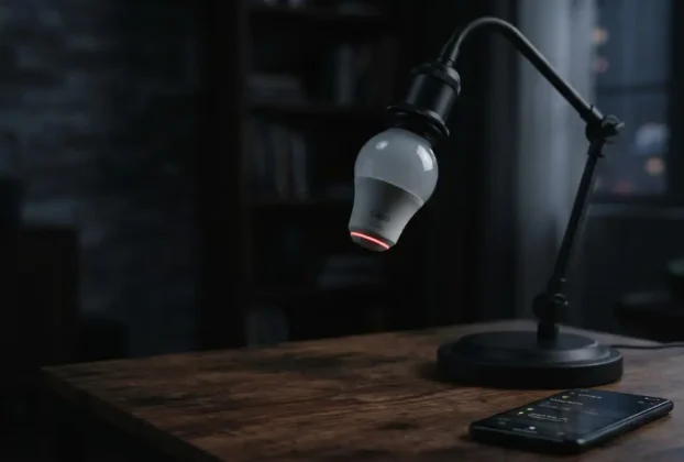 Lâmpada inteligente conectada em luminária de mesa exibindo pequena luz de standby, ao lado de um smartphone com aplicativo de automação.