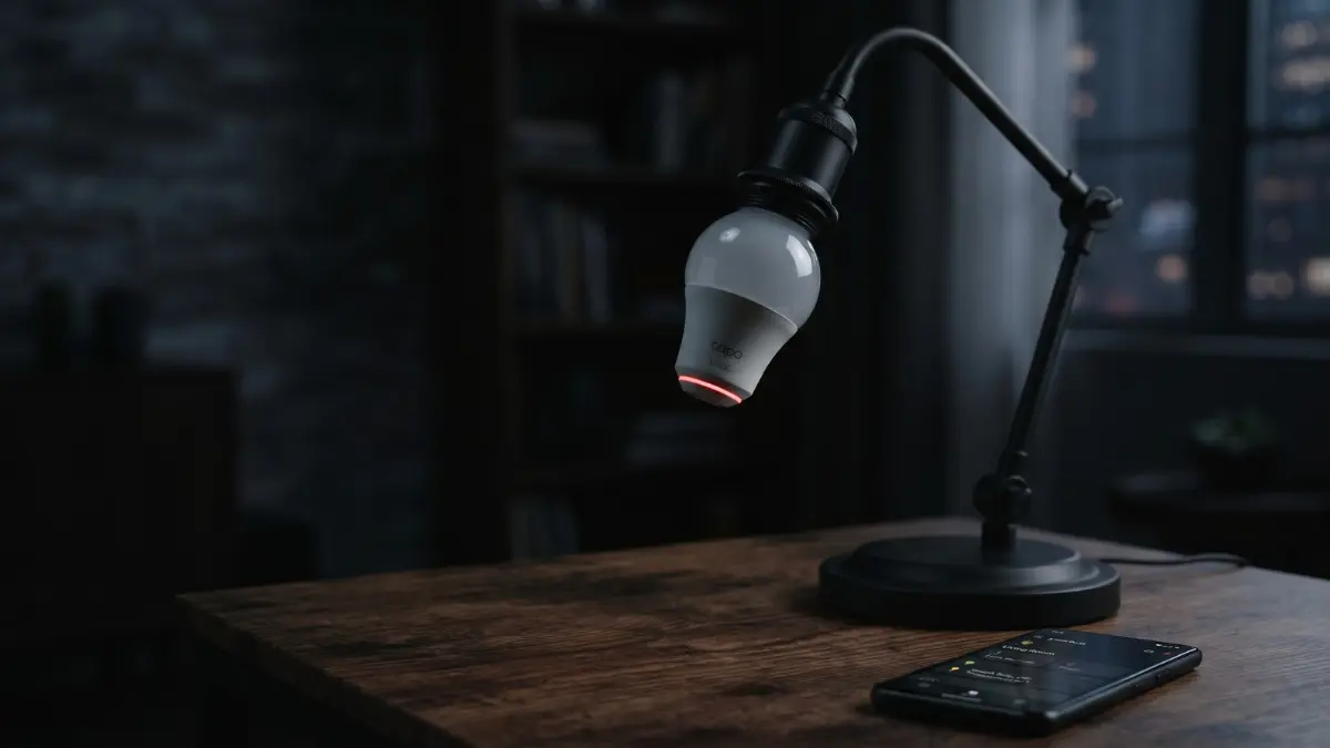 Lâmpada inteligente conectada em luminária de mesa exibindo pequena luz de standby, ao lado de um smartphone com aplicativo de automação.
