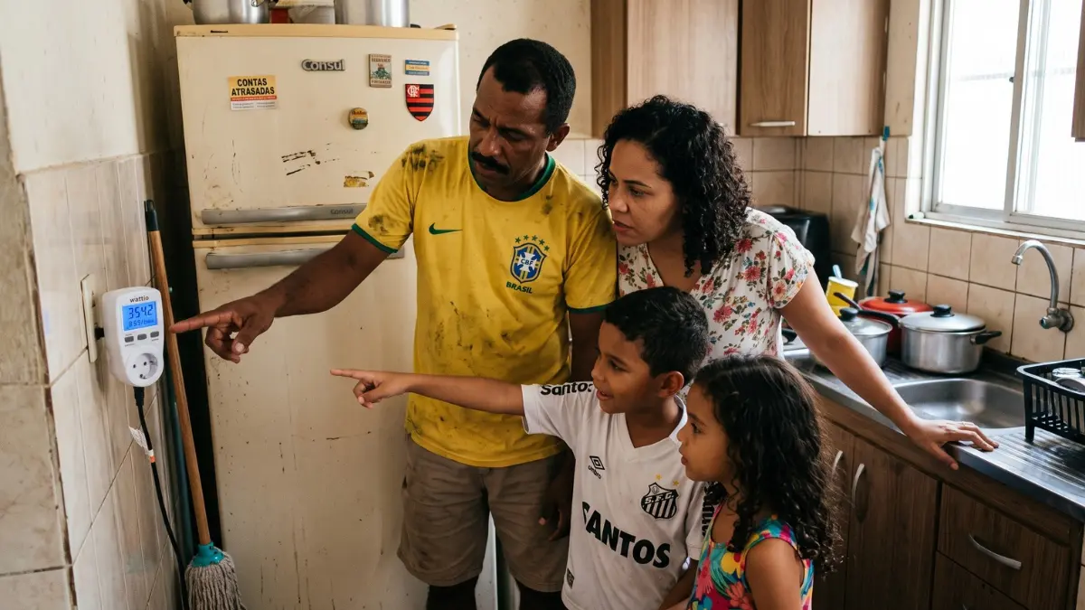 Foto de família brasileira apontando para o medidor de tomada conectado a uma geladeira antiga, com expressão de concentração enquanto leem o display do aparelho