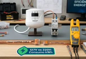 Embora o consumo em kWh dependa da potência em Watts, a rede 220V trabalha com metade da corrente elétrica, exigindo fiação mais fina e reduzindo perdas por aquecimento nos cabos.
