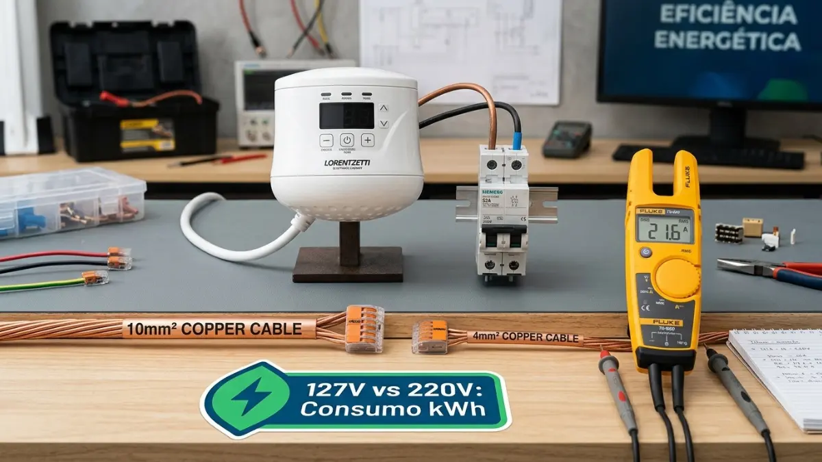 Embora o consumo em kWh dependa da potência em Watts, a rede 220V trabalha com metade da corrente elétrica, exigindo fiação mais fina e reduzindo perdas por aquecimento nos cabos.