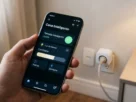 Pessoa usando smartphone para controlar uma tomada inteligente, aprendendo como deixar a casa inteligente e eficiente.
