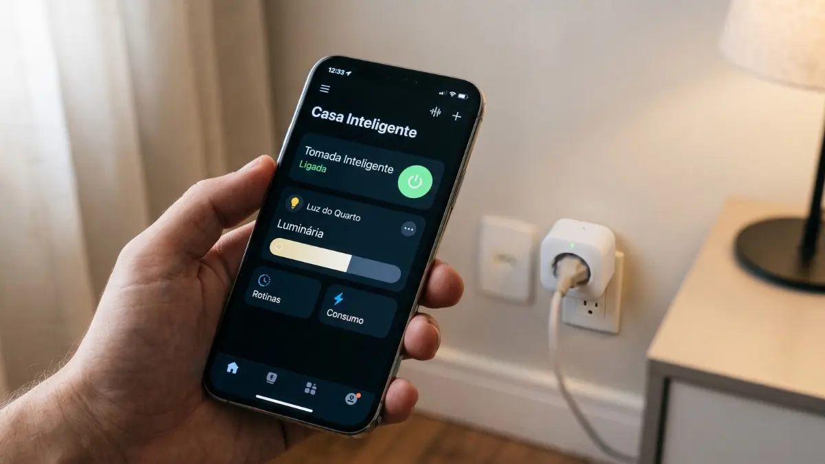 Pessoa usando smartphone para controlar uma tomada inteligente, aprendendo como deixar a casa inteligente e eficiente.